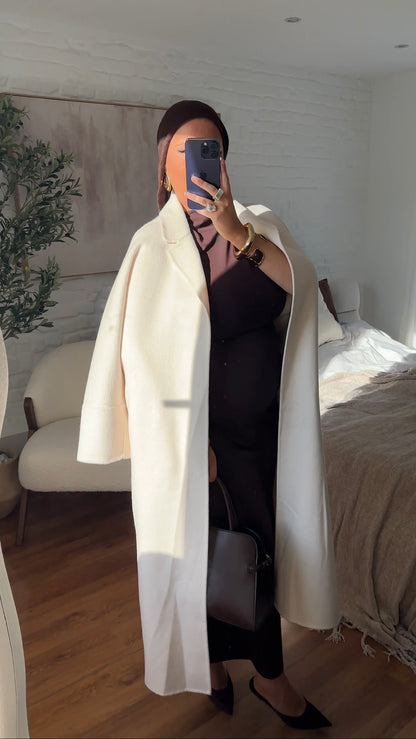 [GAMME PREMIUM] Manteau long en laine véritable fait main à ceinture | Écru