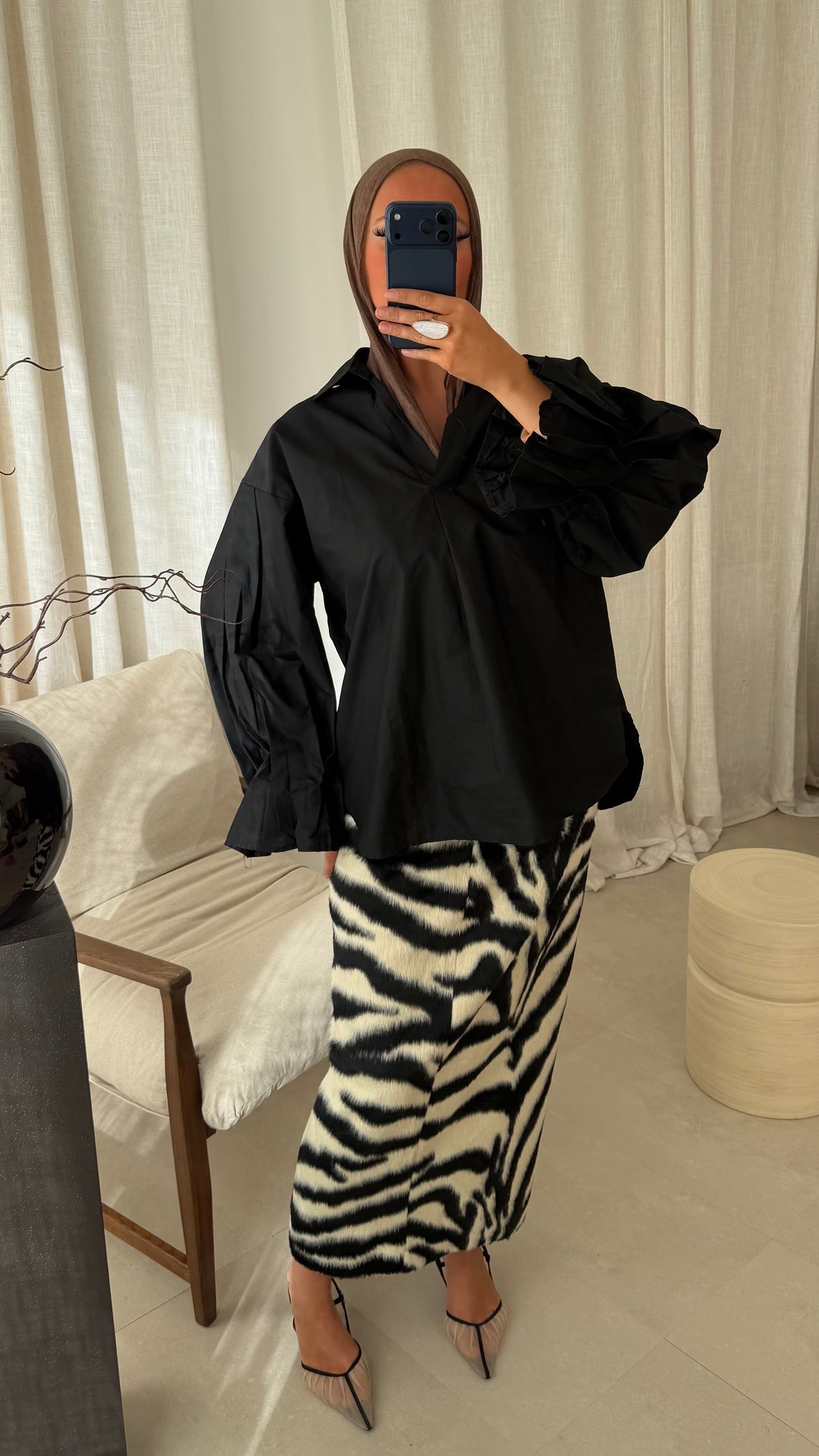Chemise 100% coton à manches évasées | Noir
