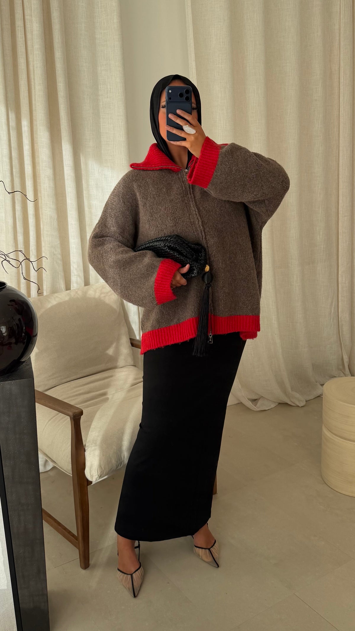 Pull ultra doux à zip bicolore MATHILDE | Camel et rouge