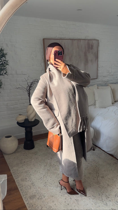 [GAMME LUXE] Manteau long ultra doux en laine véritable ultra chaud à écharpe | Beige