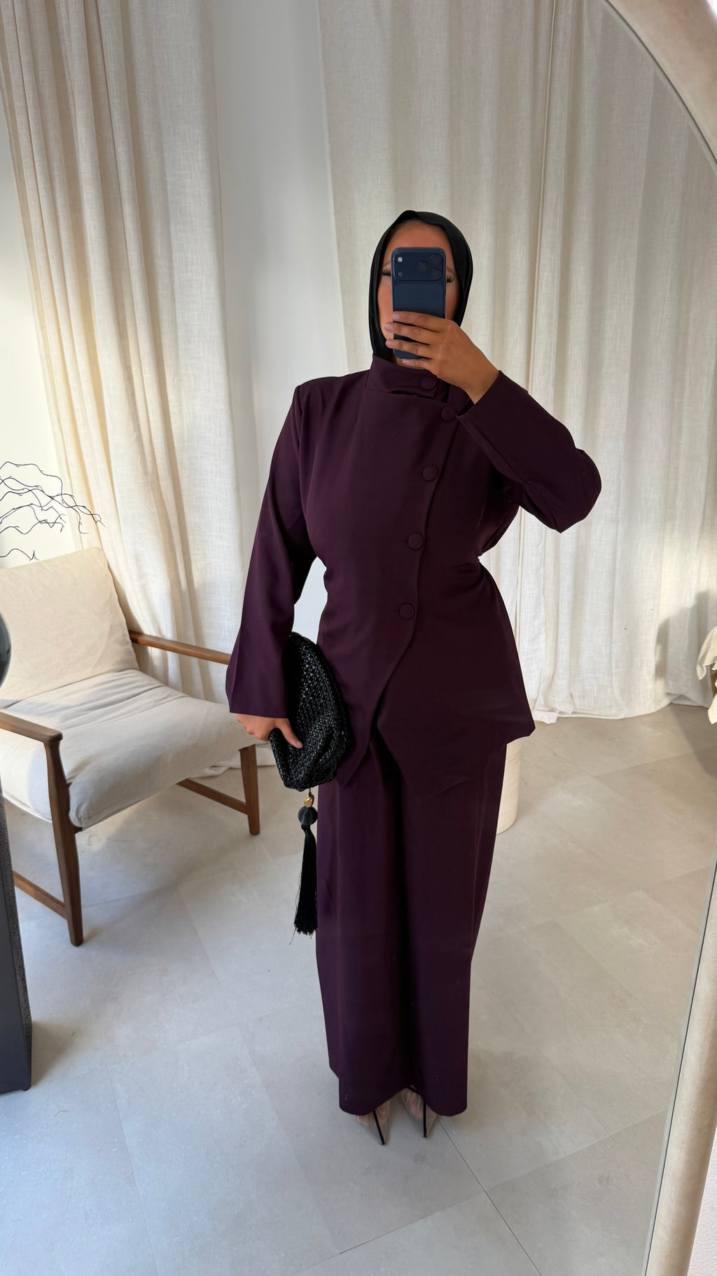 Ensemble avec haut à boutons et pantalon ultra long GABRIELA | Prune