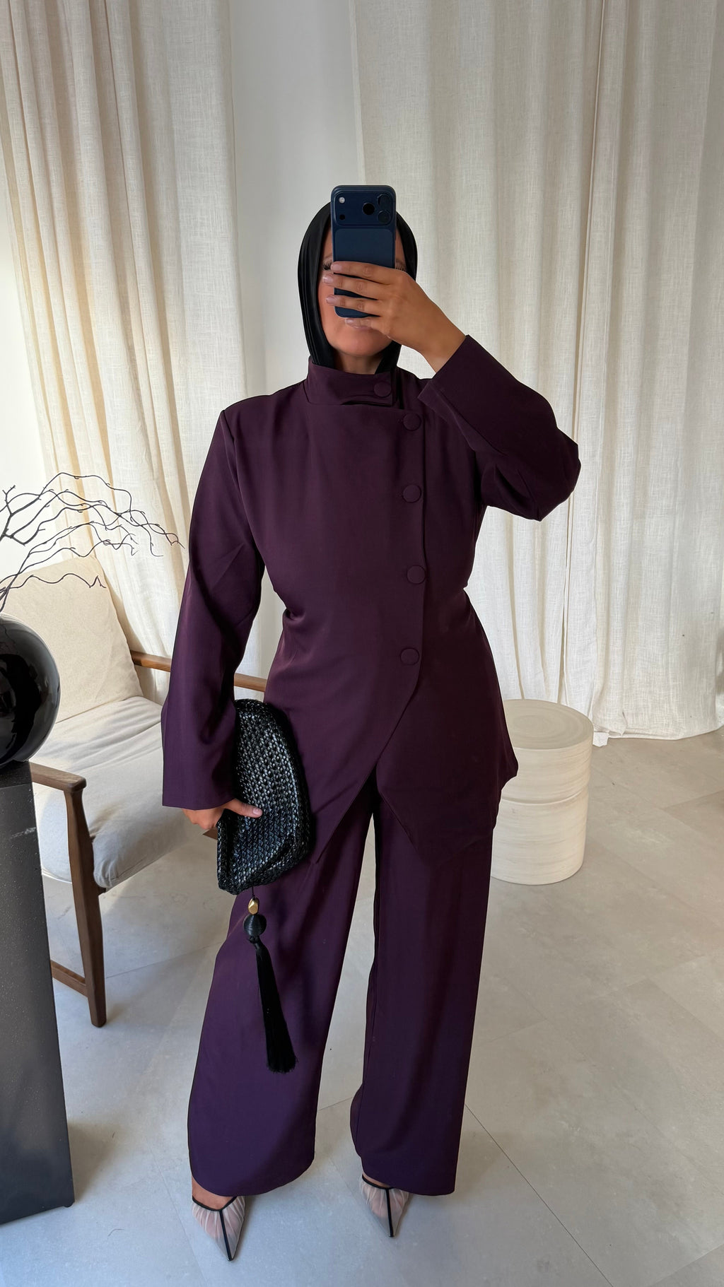 Ensemble avec haut à boutons et pantalon ultra long GABRIELA | Prune