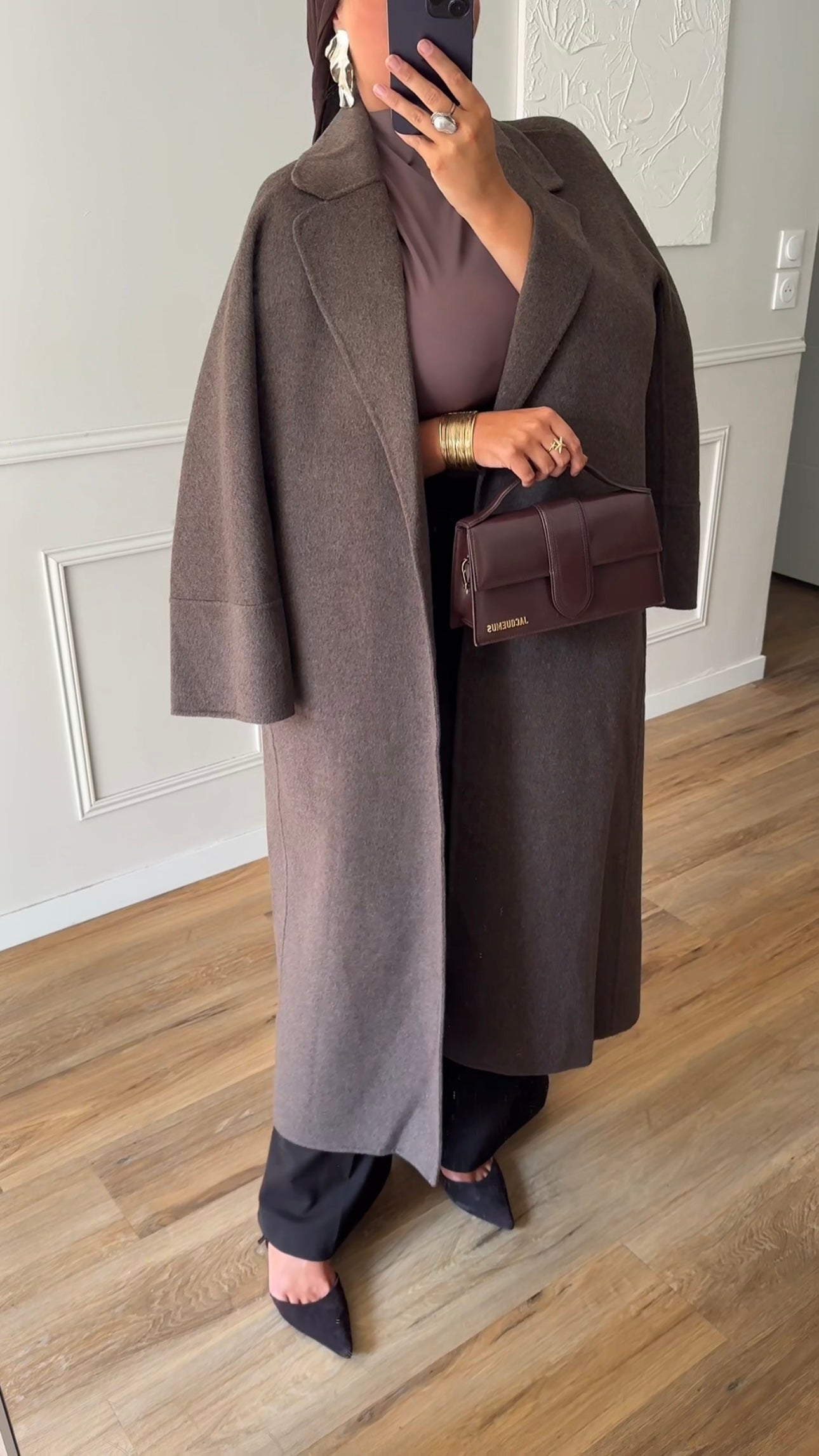 [GAMME LUXE] Manteau long en laine véritable fait main à ceinture | Marron