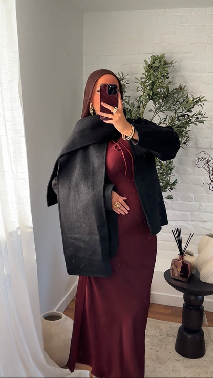 [GAMME LUXE] Manteau mi long en cachemire véritable à cape intégrée | Noir
