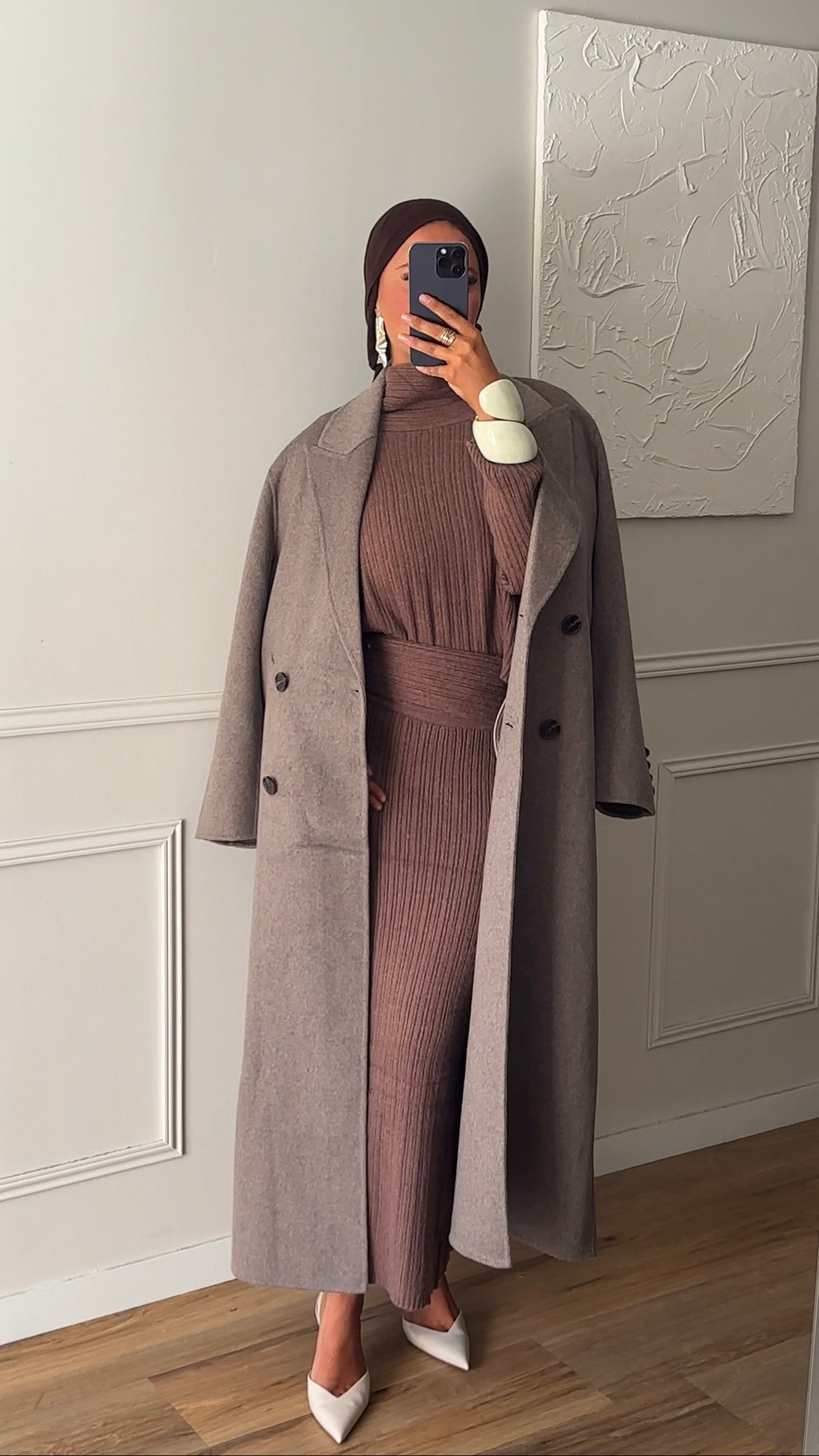 [GAMME PREMIUM] Manteau ultra long en laine véritable fait main | Taupe