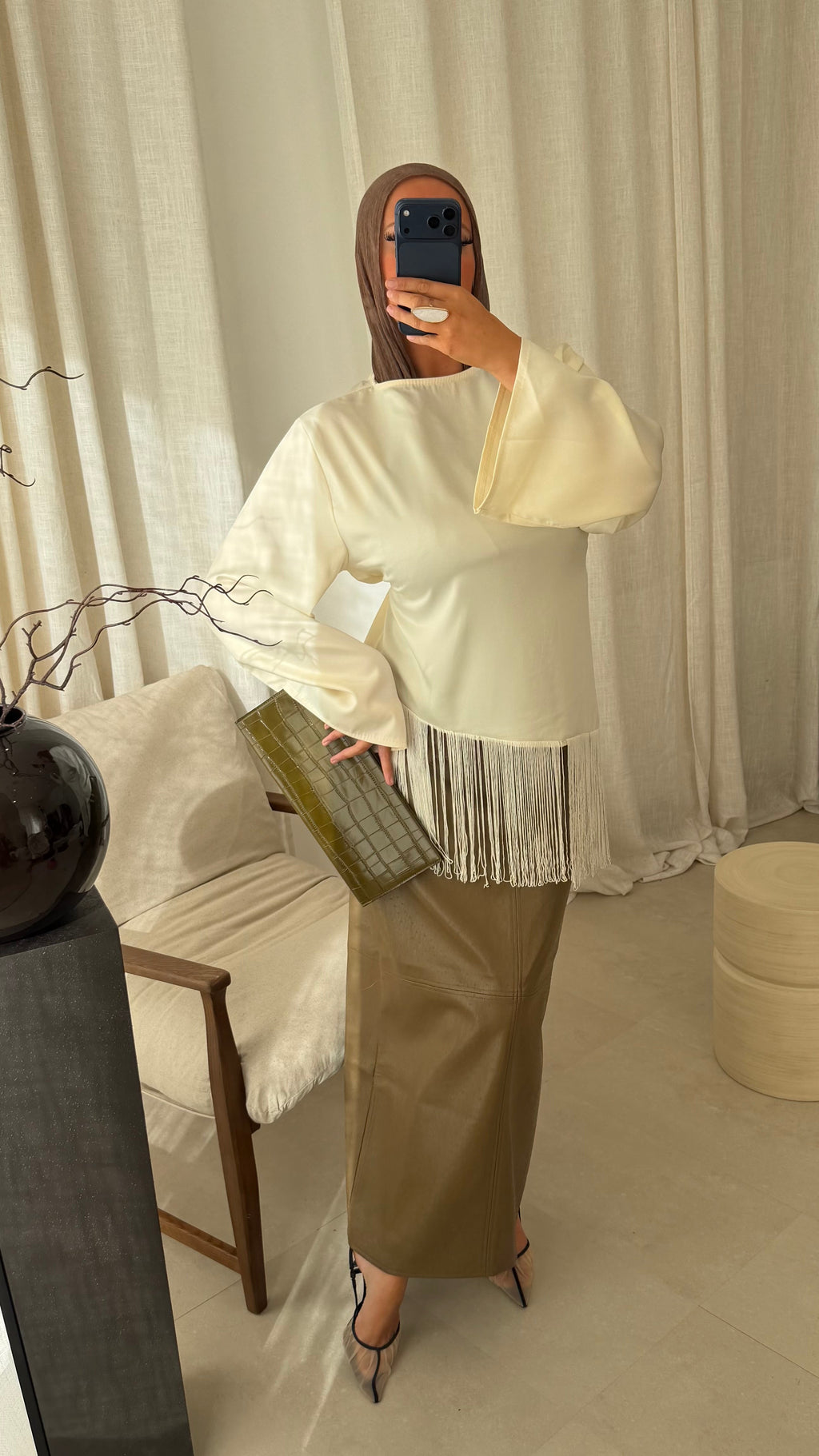 Haut satiné à franges | Crème