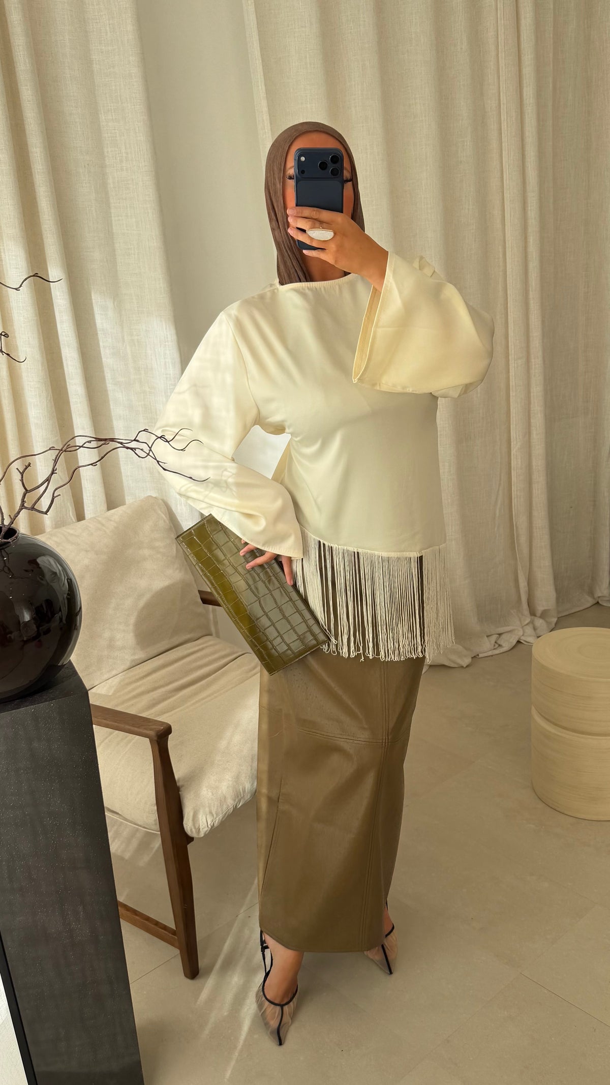 Haut satiné à franges | Crème