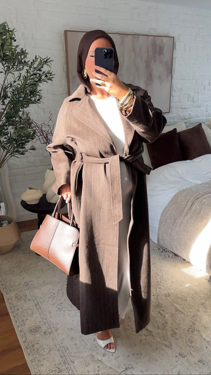 [GAMME PREMIUM] Manteau long en laine véritable fait main à ceinture avec rayures | Marron
