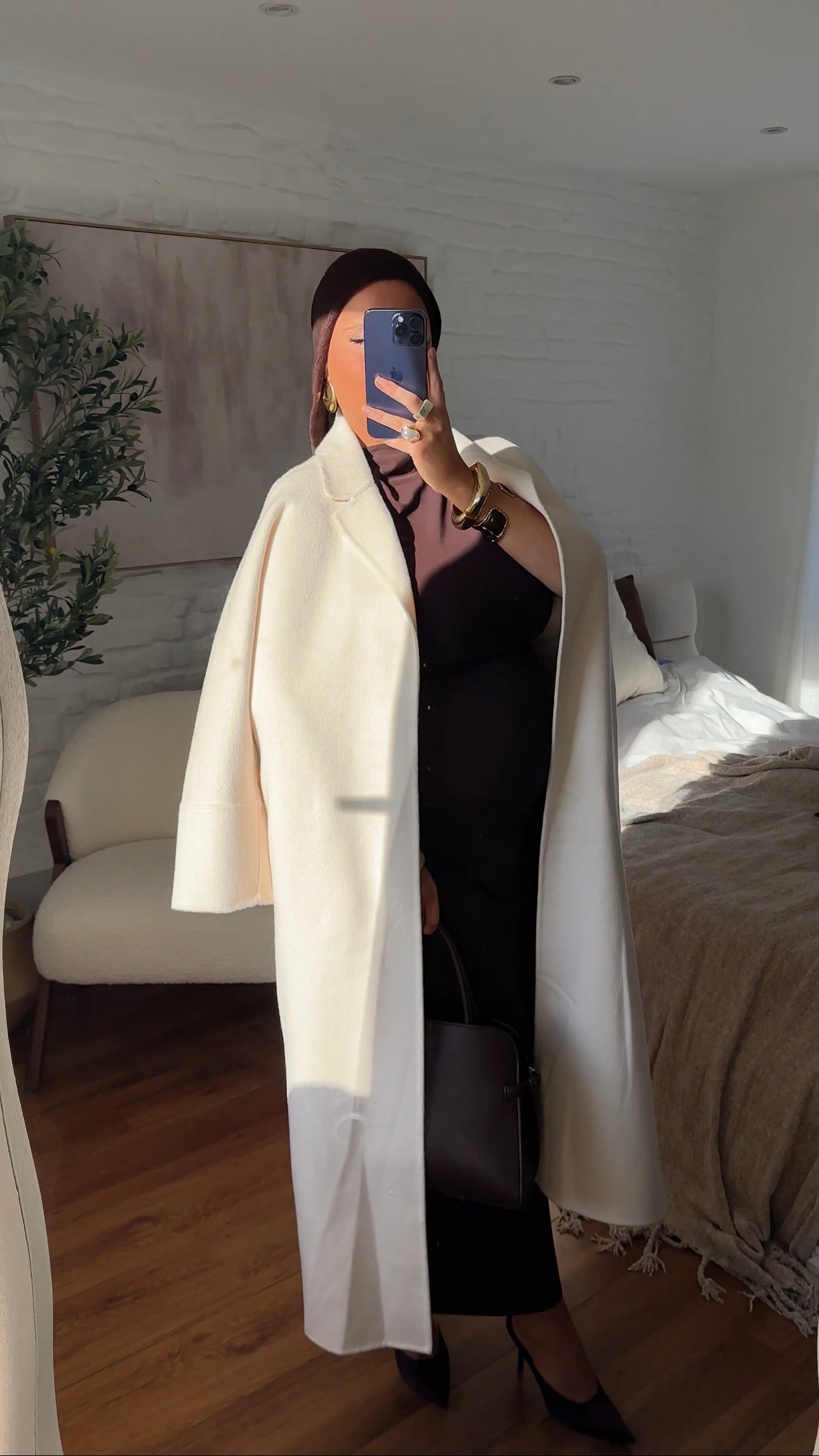 [GAMME PREMIUM] Manteau long en laine véritable fait main à ceinture | Écru