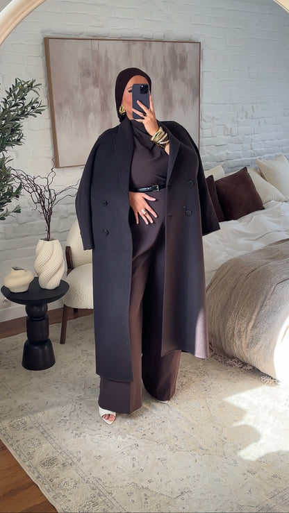 [GAMME PREMIUM] Manteau ultra long en laine véritable | Marron dark chocolat