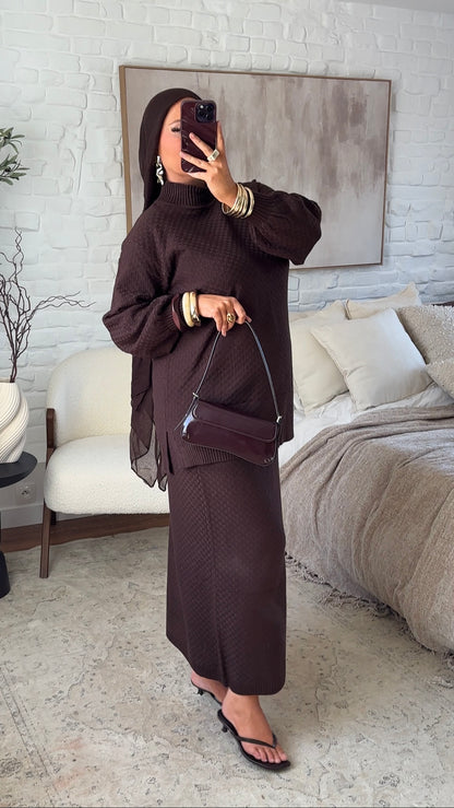 Ensemble comfy en maille à jupe longue et col montant | Marron
