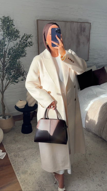 [GAMME PREMIUM] Manteau ultra long fait main en laine véritable Écru | Pré-commande