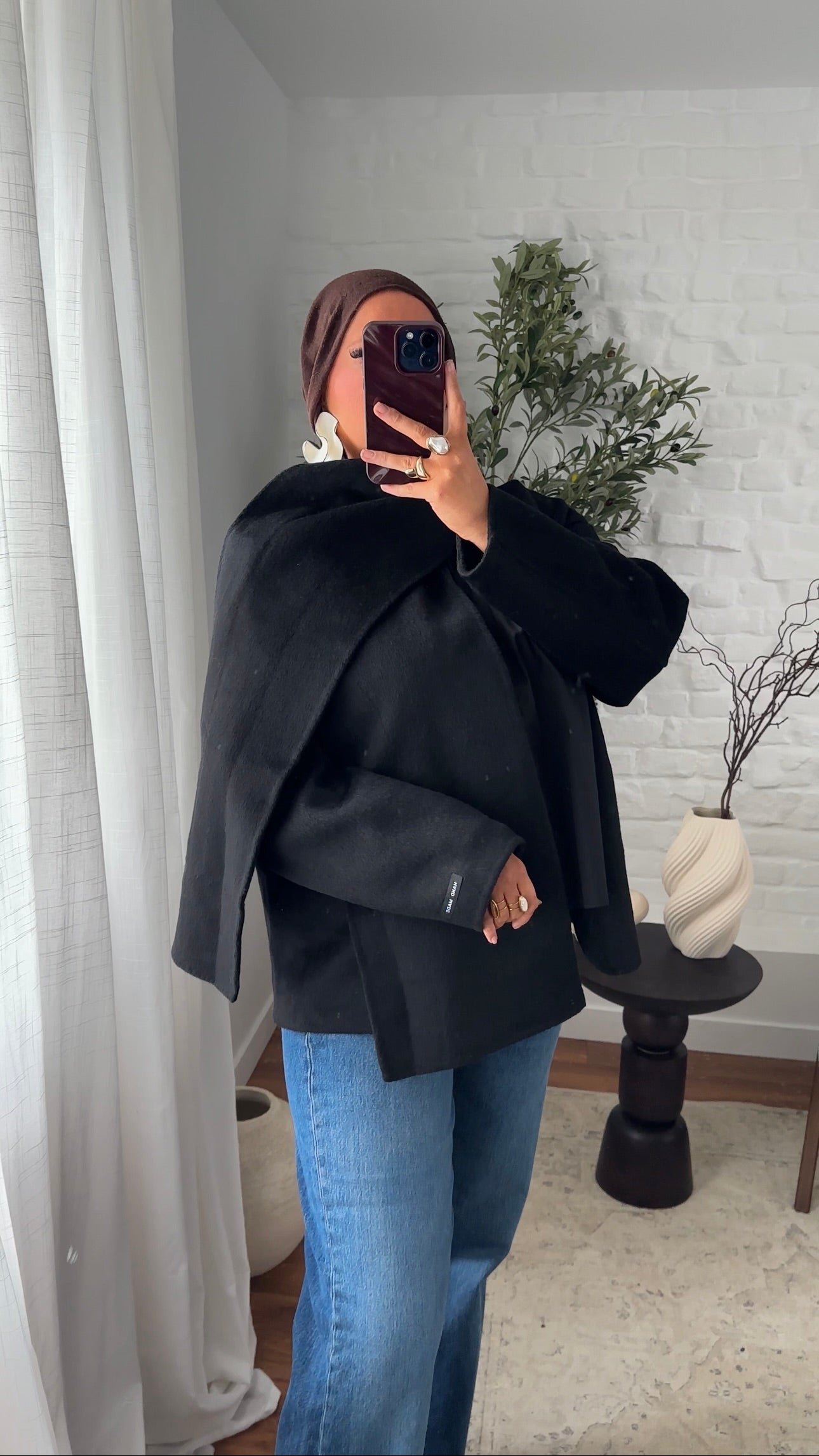 [GAMME LUXE] Manteau mi long en cachemire véritable à cape intégrée | Noir