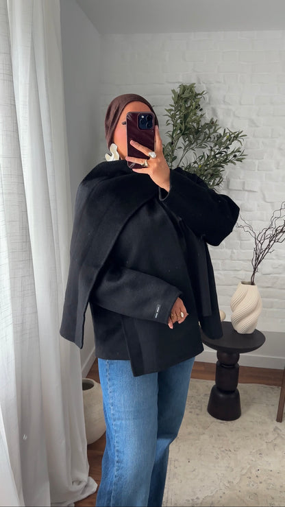 [GAMME LUXE] Manteau mi long en cachemire véritable à cape intégrée | Noir