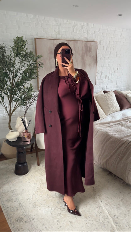 [GAMME LUXE] Manteau ultra long en laine véritable fait main | Bordeaux