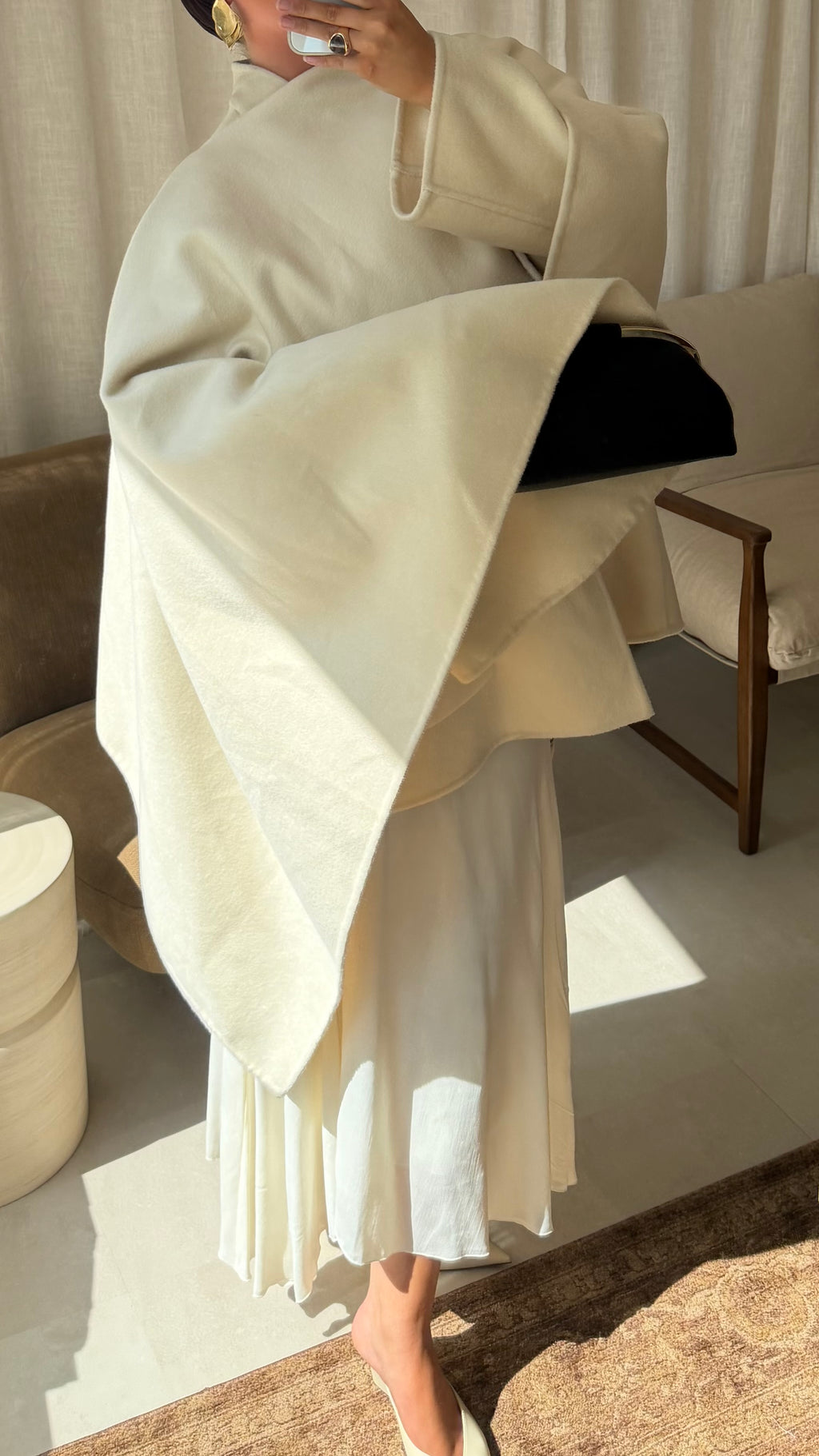 [GAMME LUXE] Manteau à cape intégrée en laine véritable | Crème