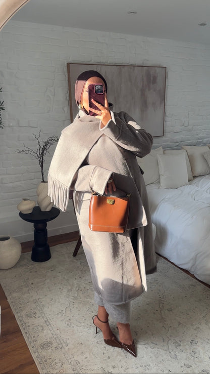 [GAMME LUXE] Manteau long ultra doux en laine véritable ultra chaud à écharpe | Beige