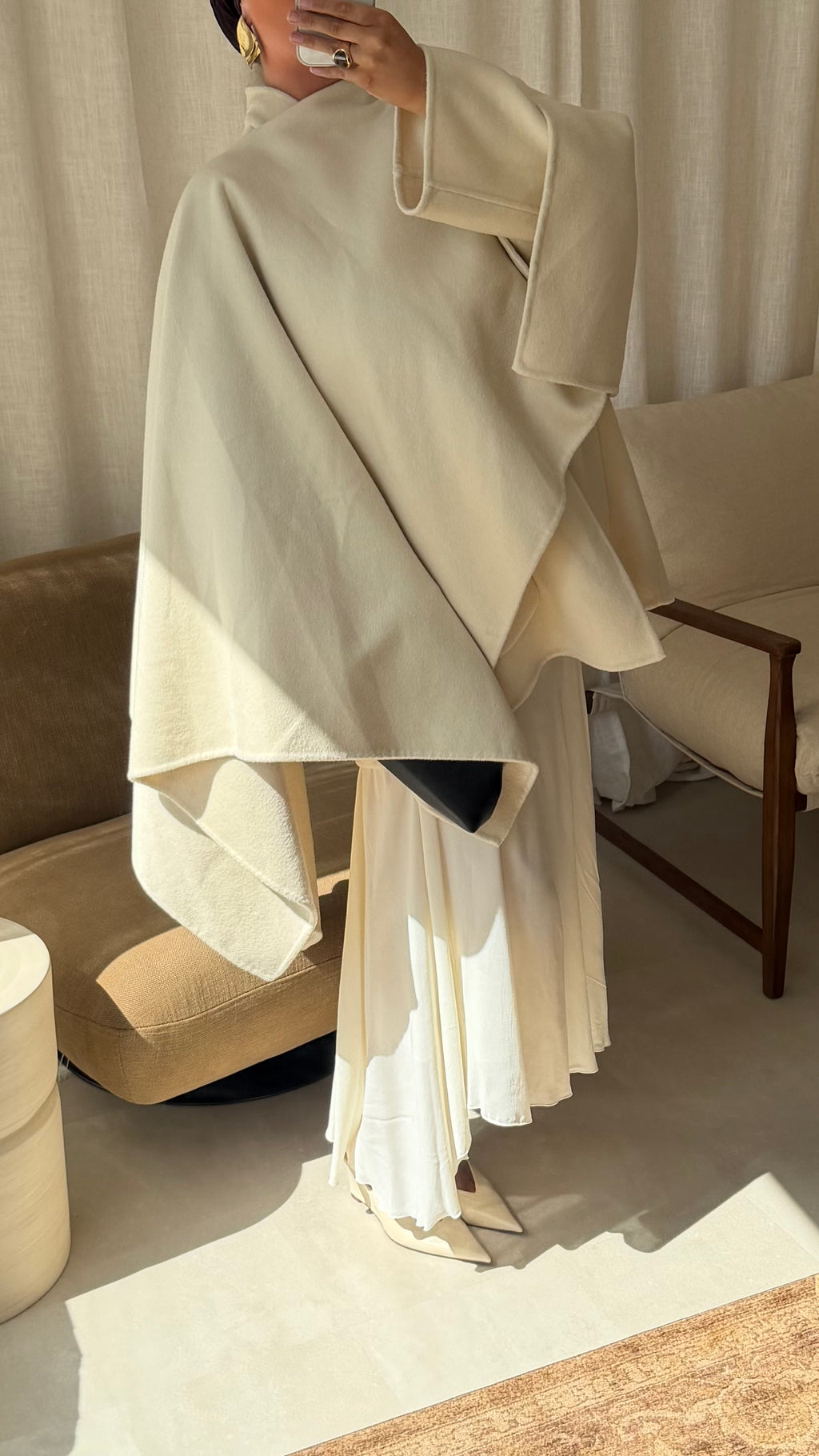 [GAMME LUXE] Manteau à cape intégrée en laine véritable | Crème