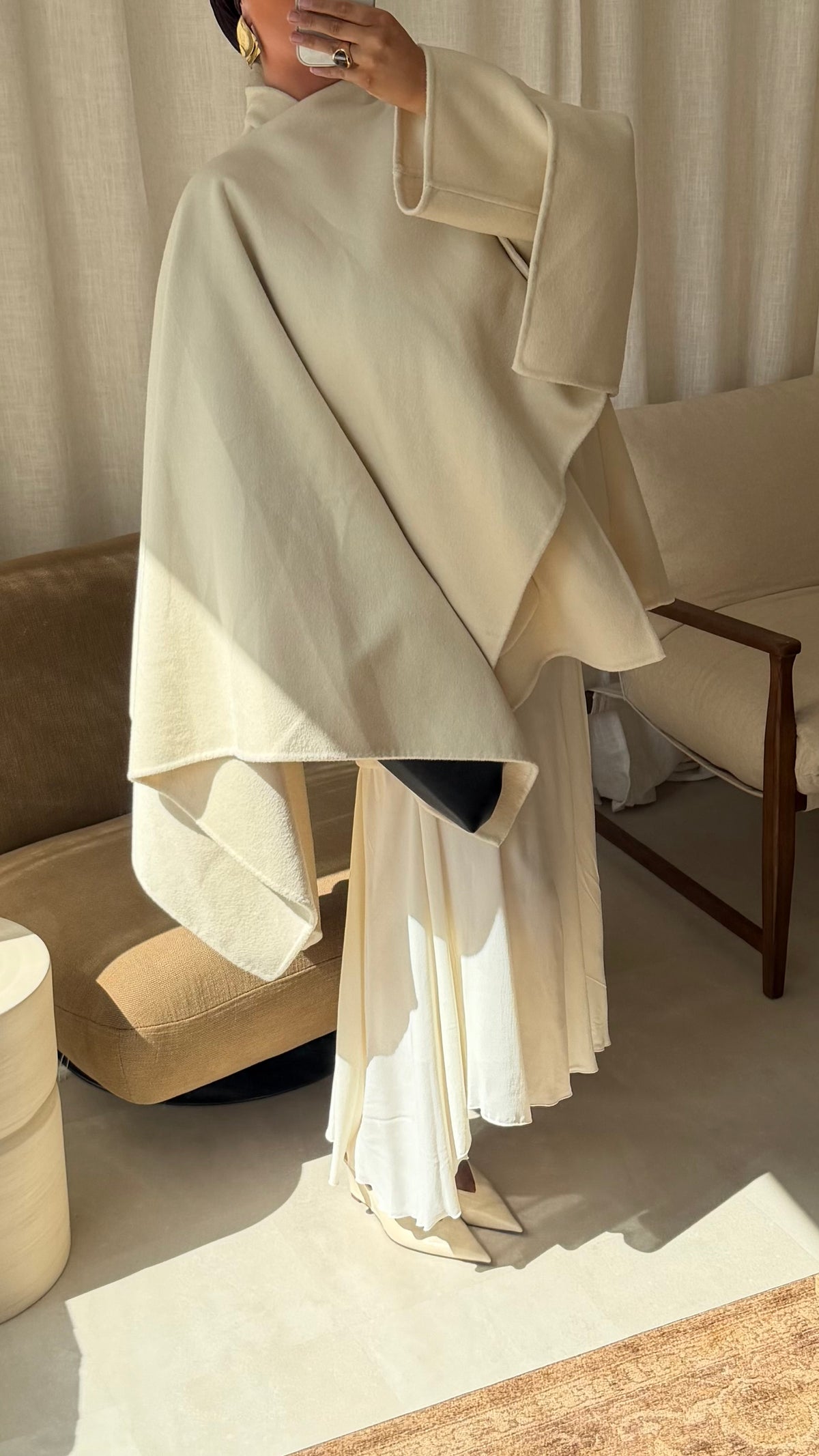 [GAMME LUXE] Manteau à cape intégrée en laine véritable | Crème