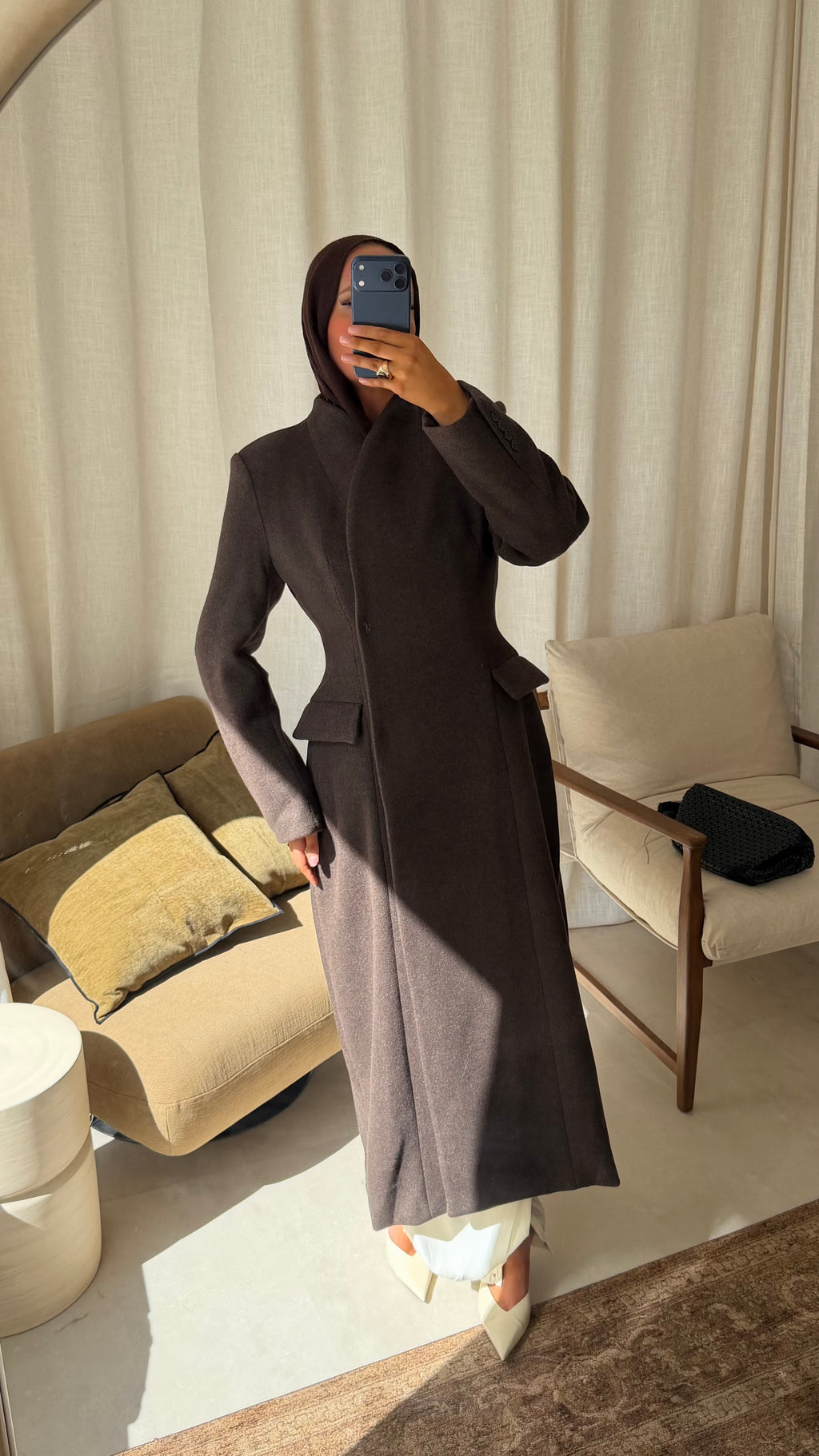 [GAMME LUXE] Manteau ultra long cintré en laine véritable | Marron foncé