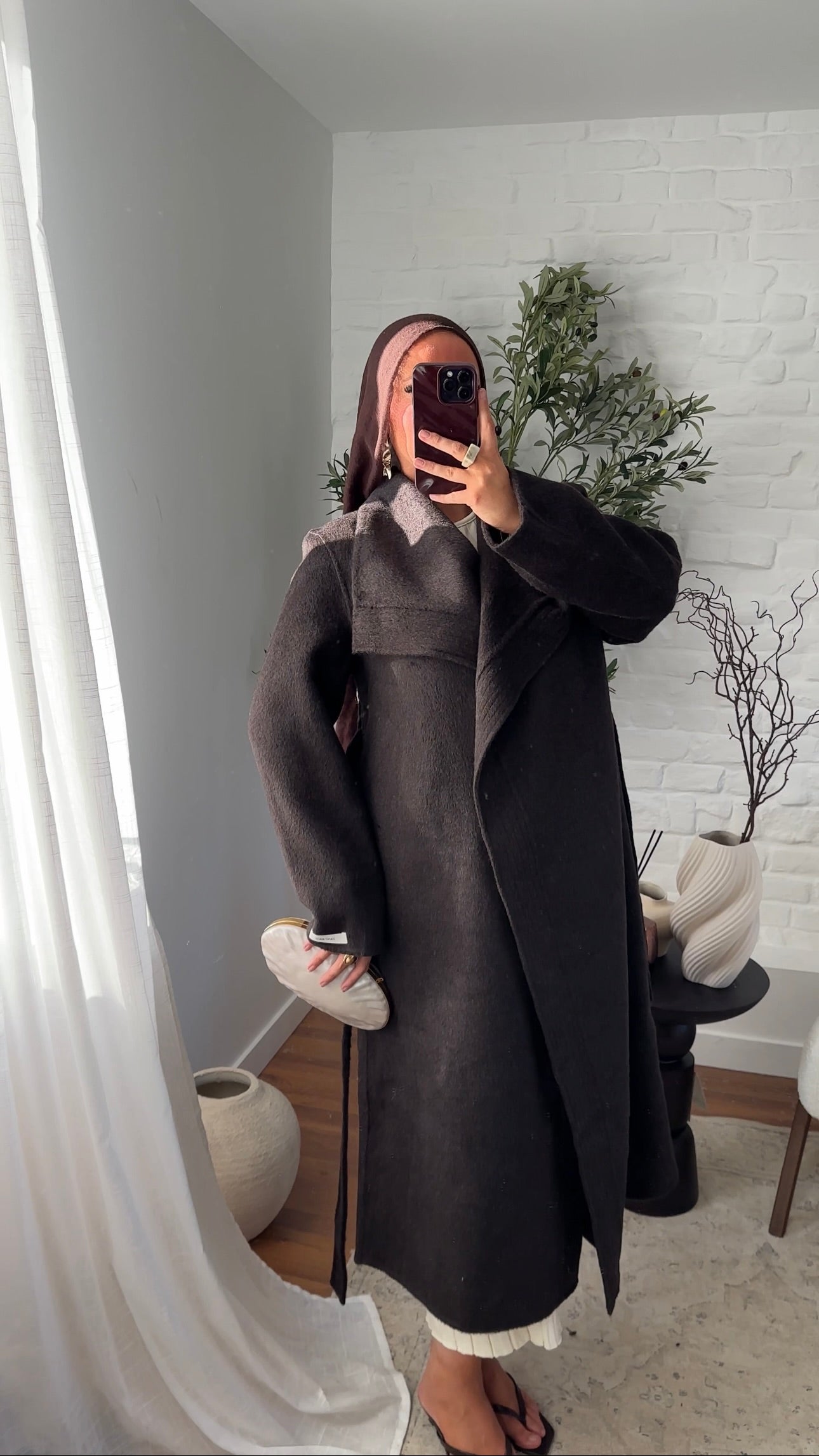 [GAMME PREMIUM] Manteau long en laine véritable fait main à ceinture | Marron