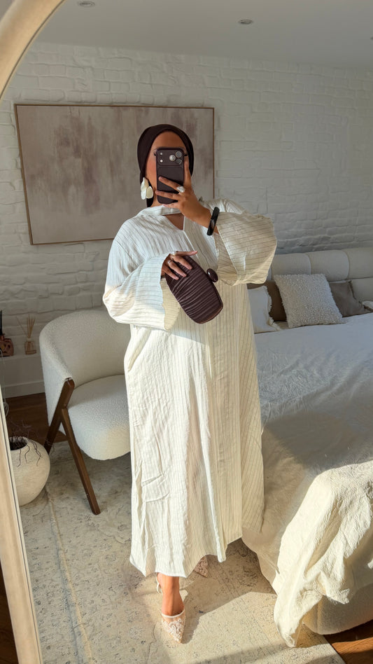 Robe longue et fluide en lin à rayures et ceinture | Blanc