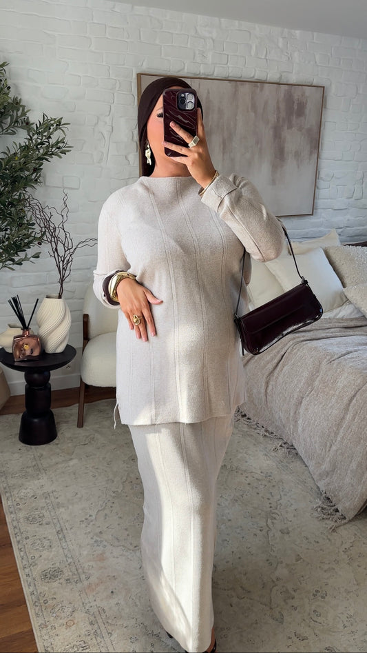Ensemble comfy en maille à jupe longue | Beige