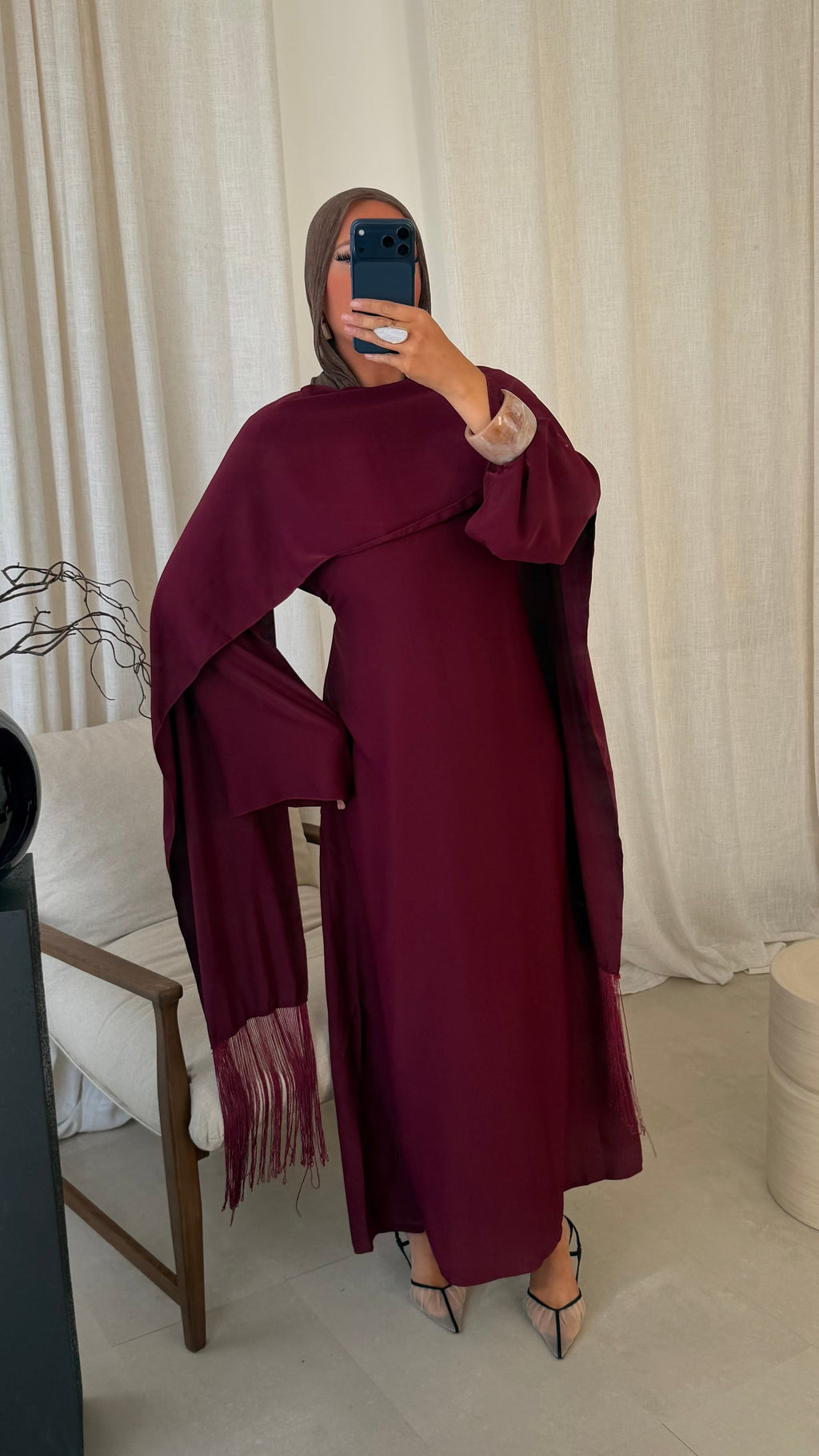 Robe ultra longue avec cape intégrée à franges | Bordeaux