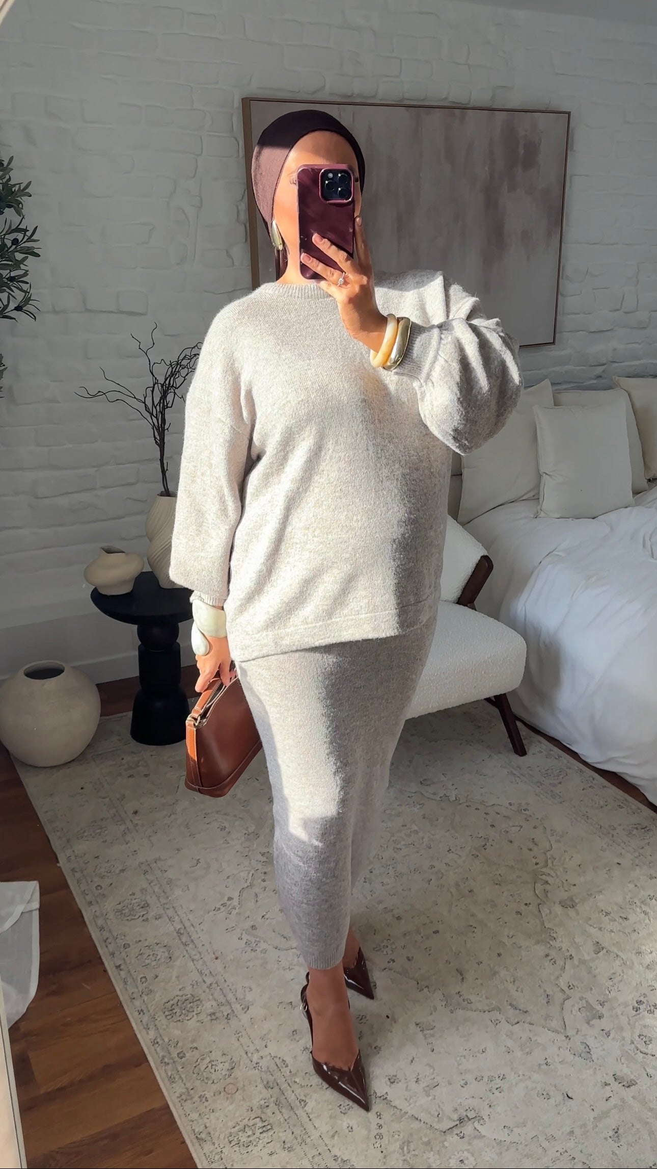 Ensemble comfy en laine véritable jupe longue et pull long | Beige