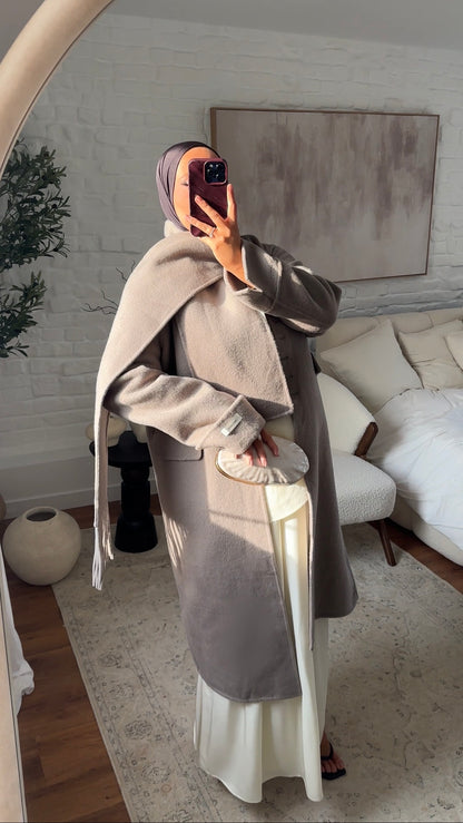 [GAMME LUXE] Manteau long ultra doux en laine véritable ultra chaud à écharpe | Beige
