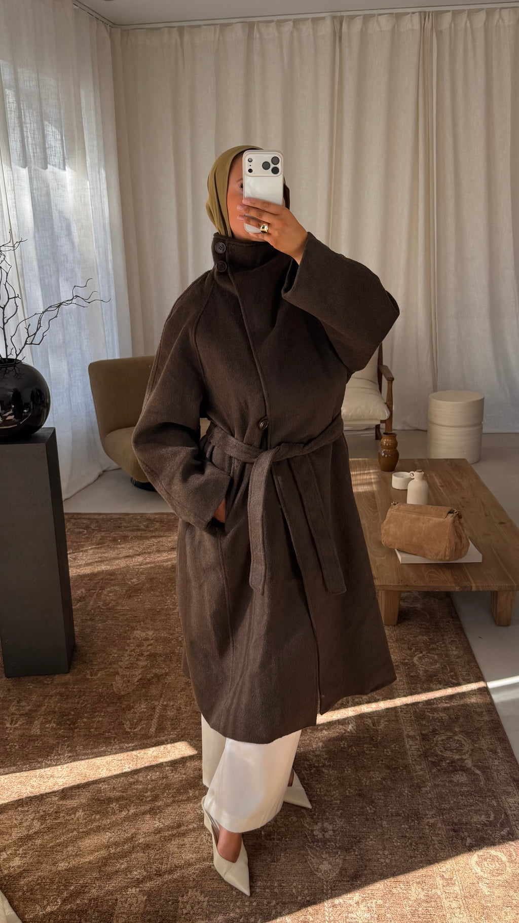 [GAMME LUXE] Manteau long col montant en laine véritable | Marron