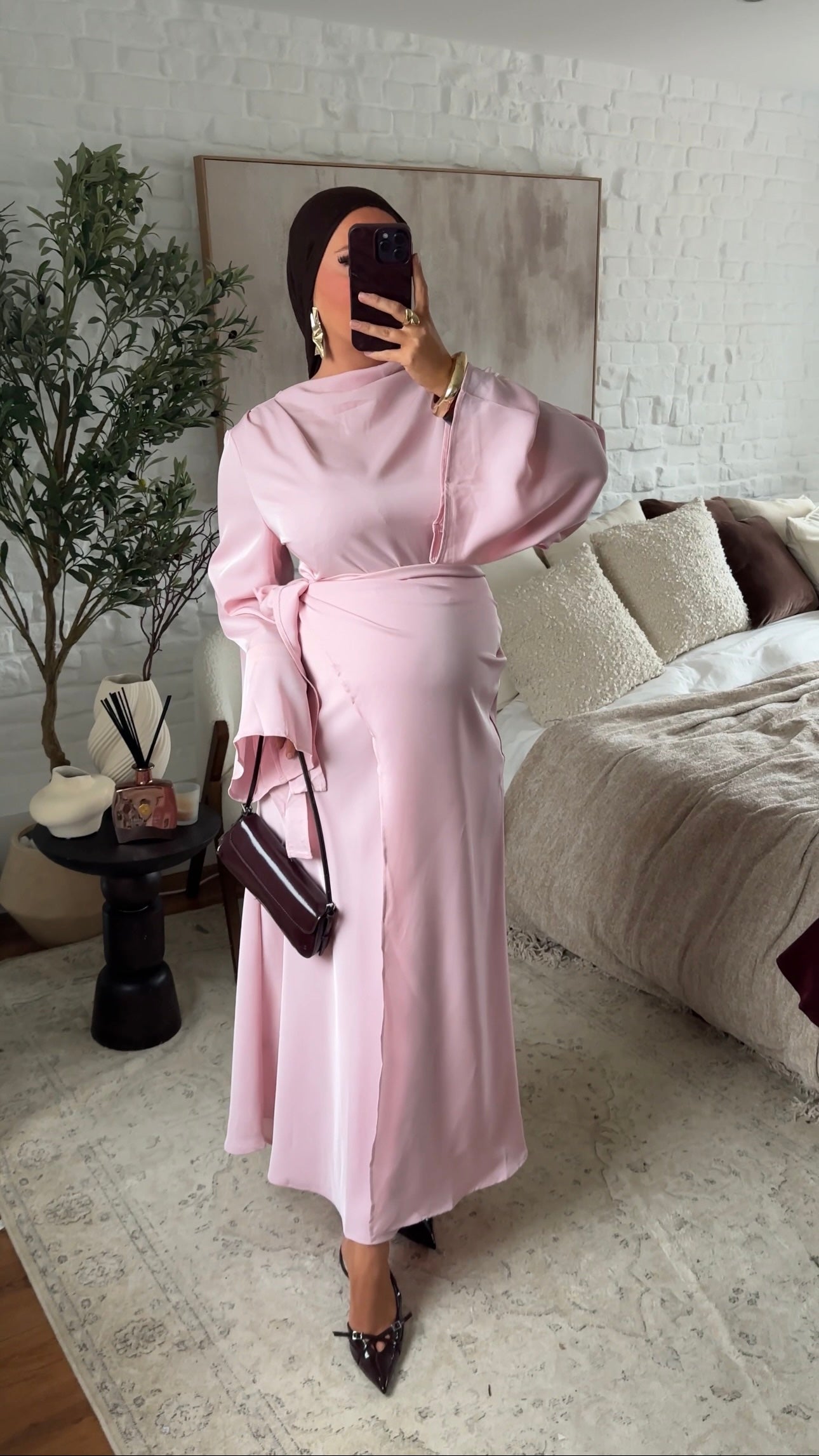 Robe longue satinée à nouer | Rose
