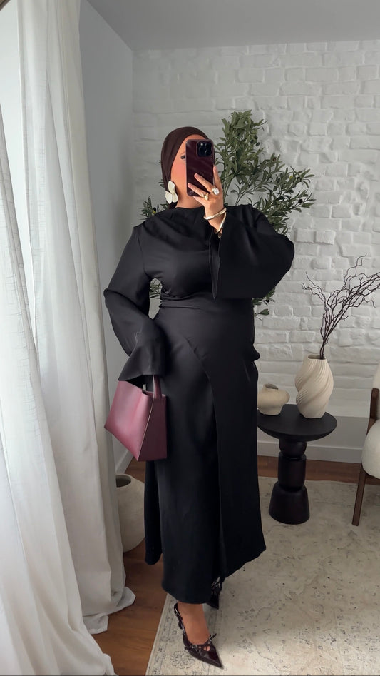 Robe longue satinée à nouer | Noir