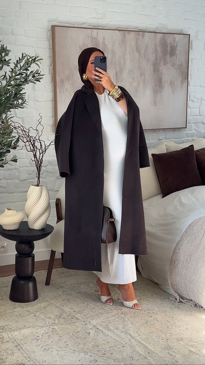 [GAMME PREMIUM] Manteau long en laine véritable fait main à ceinture | Marron dark chocolat