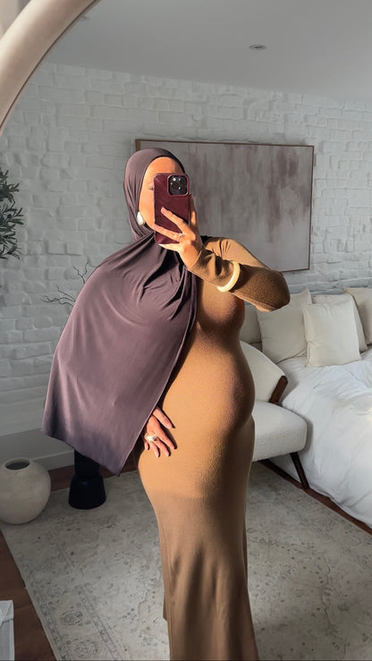 Robe pull ultra longue côtelée en maille épaisse | Camel