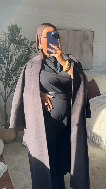 [GAMME PREMIUM] Manteau long en laine véritable fait main à ceinture | Marron dark chocolat