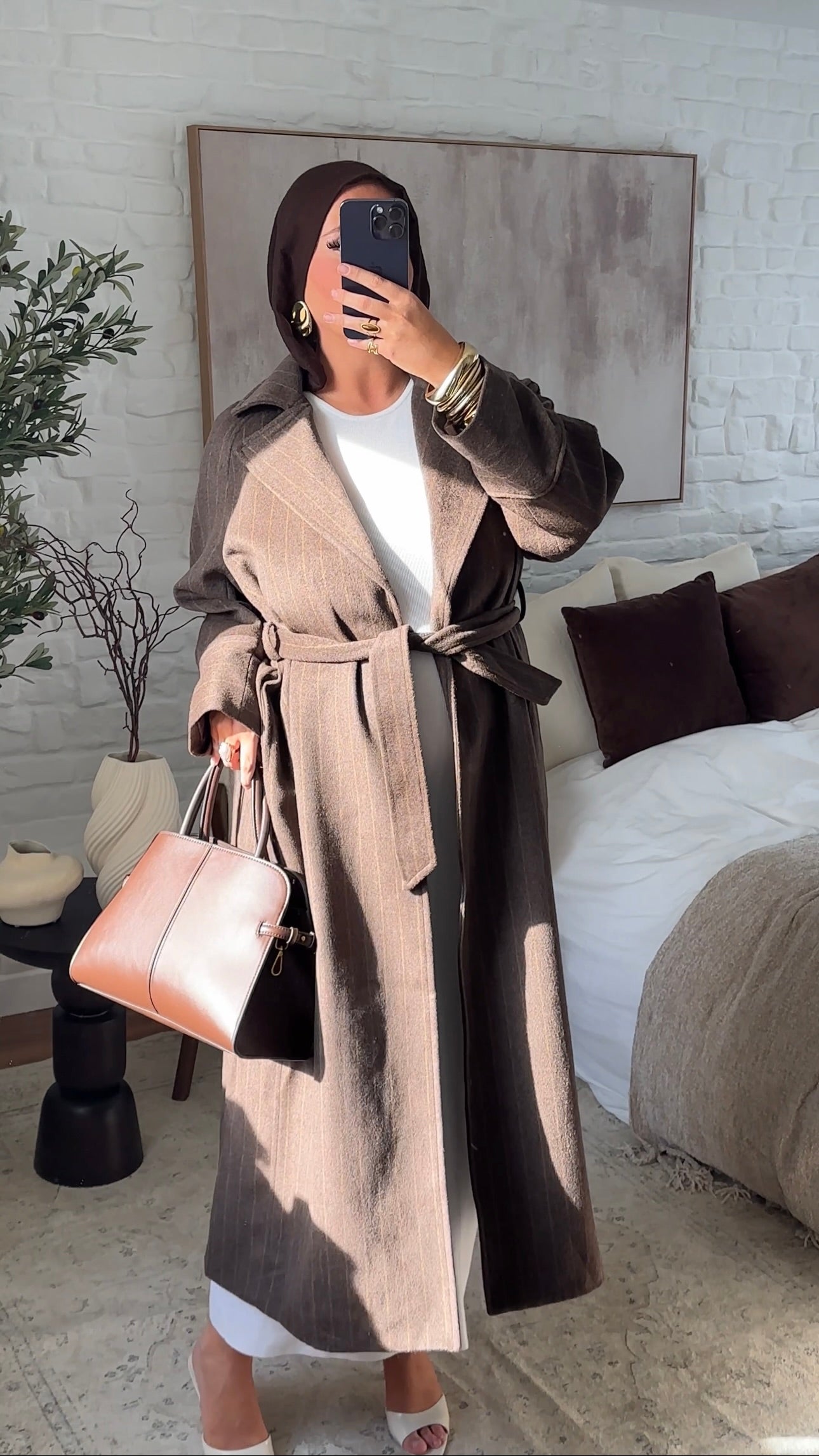 [GAMME PREMIUM] Manteau long en laine véritable fait main à ceinture avec rayures | Marron