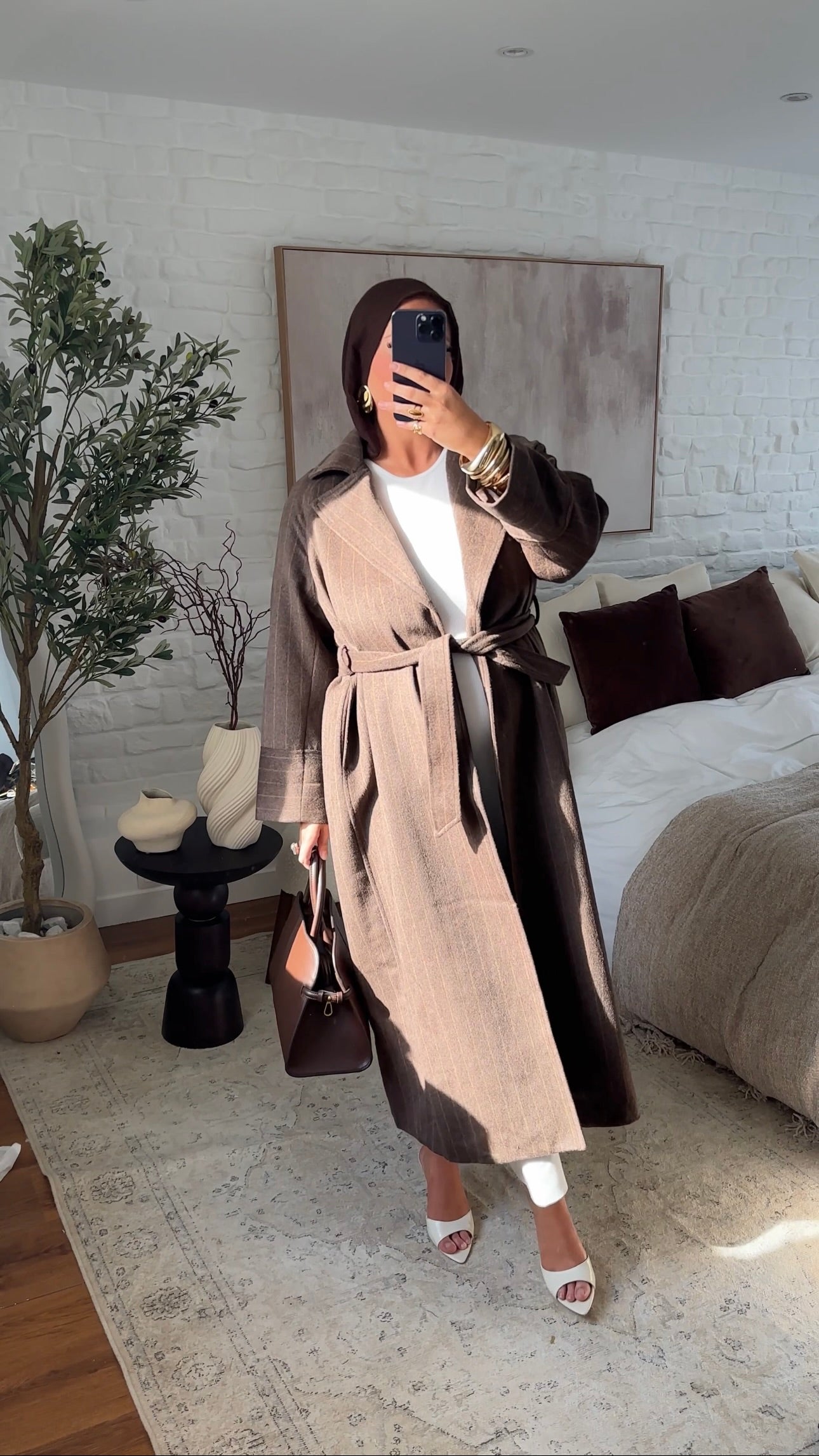 [GAMME PREMIUM] Manteau long en laine véritable fait main à ceinture avec rayures | Marron