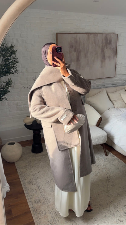 [GAMME LUXE] Manteau long ultra doux en laine véritable ultra chaud à écharpe | Beige