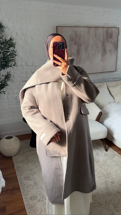 [GAMME LUXE] Manteau long ultra doux en laine véritable ultra chaud à écharpe | Beige