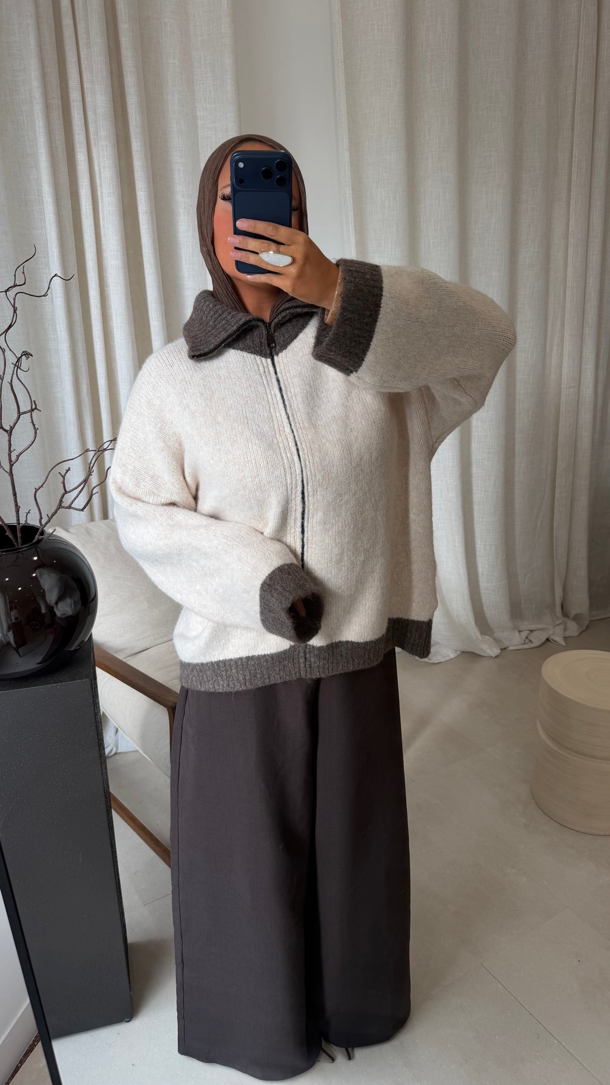 Pull ultra doux à zip bicolore MATHILDE | Marron et crème