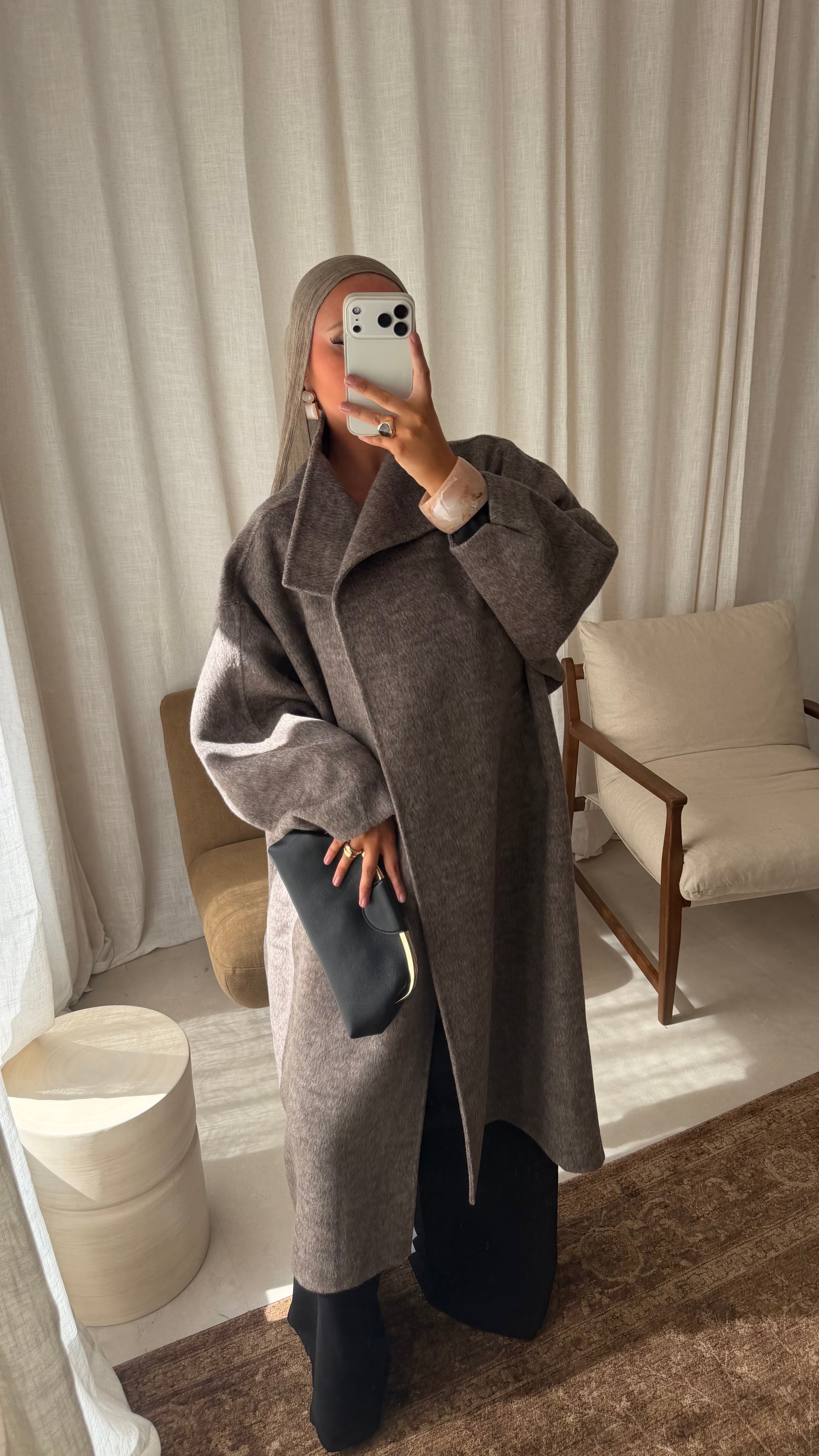 [GAMME LUXE] Manteau long cousu main en laine véritable | Taupe
