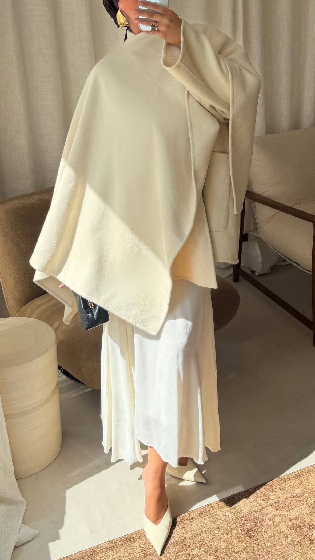 [GAMME LUXE] Manteau à cape intégrée en laine véritable | Crème