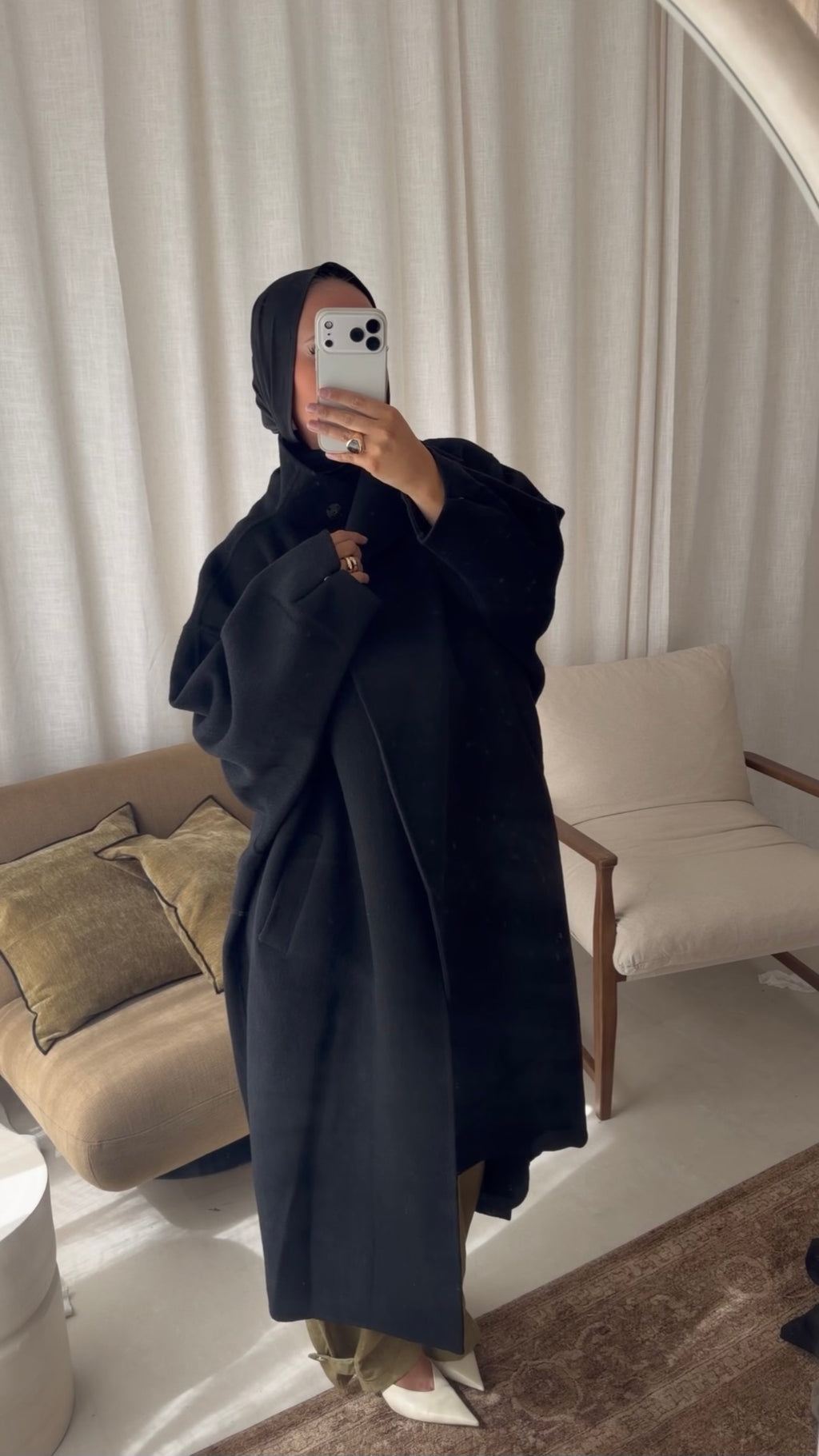 [GAMME LUXE] Manteau long cousu main en laine véritable | Noir
