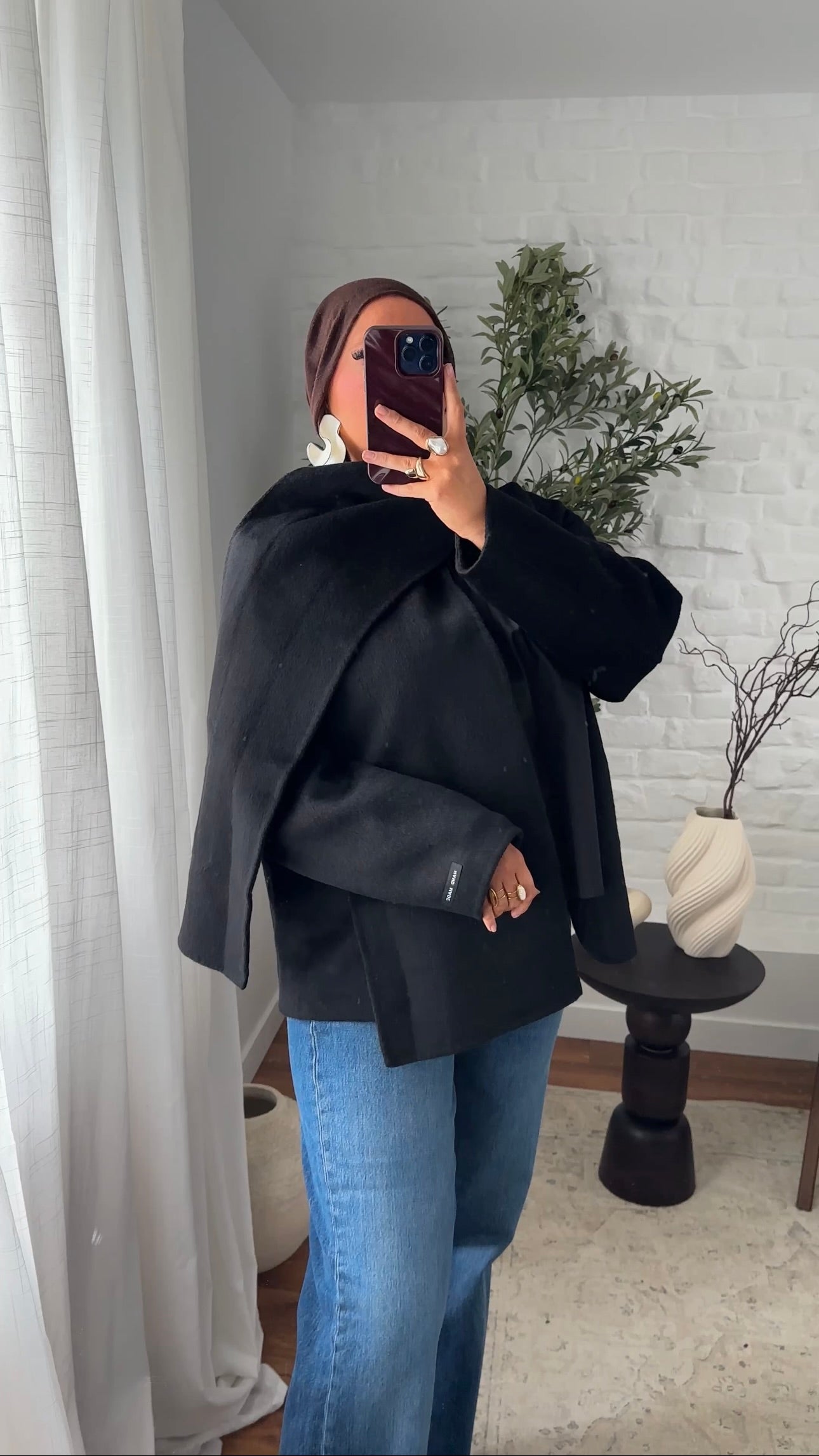 [GAMME LUXE] Manteau mi long en cachemire véritable à cape intégrée | Noir