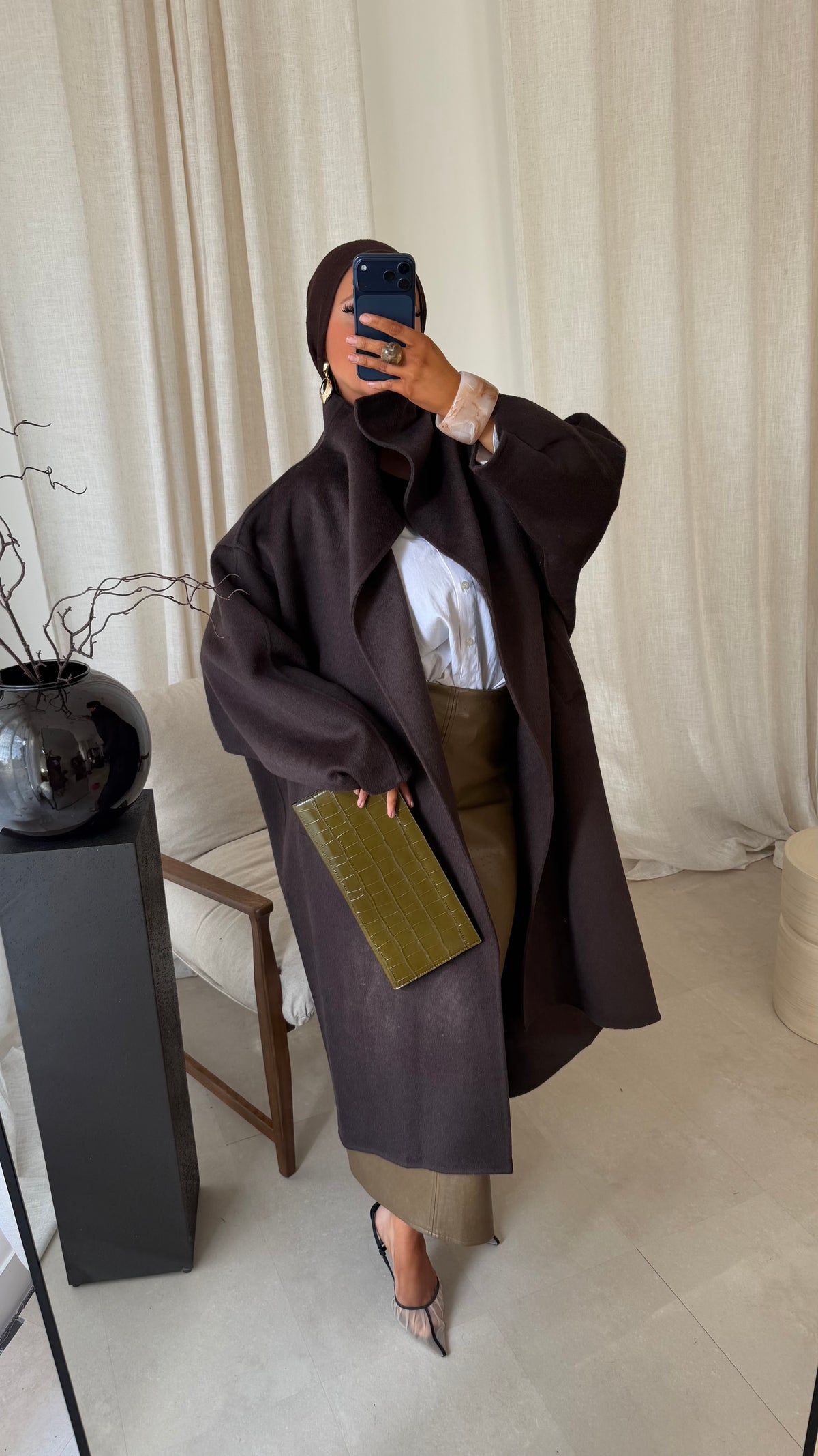 [GAMME LUXE] Manteau long cousu main en laine véritable GAYA | Marron