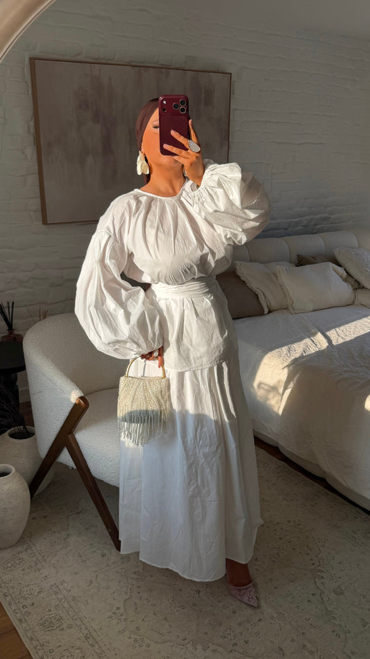 [GAMME PREMIUM] Ensemble en coton à jupe ultra longue et ceinture | Blanc