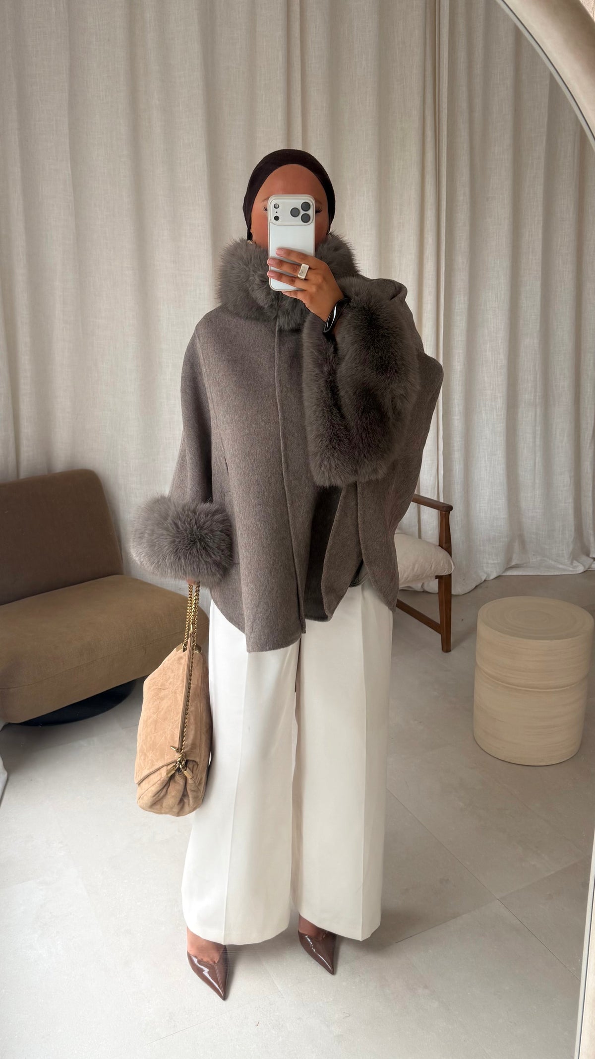 [GAMME LUXE] Manteau en laine à fourrure amovible cousu main | Taupe