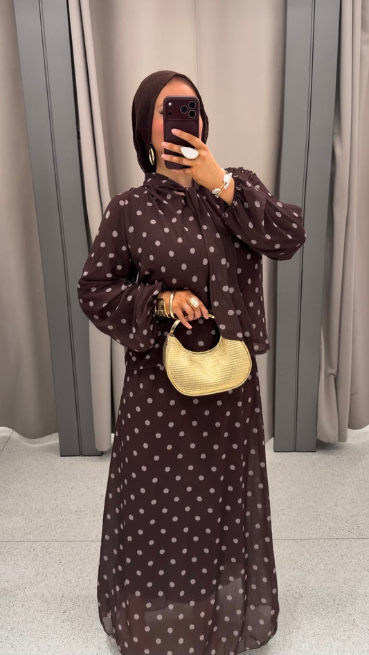 Ensemble doublé ultra long à pois Marron | Pré-commande