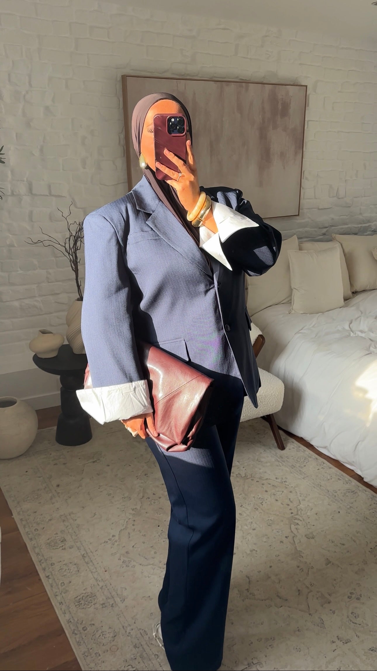 Set blazer oversize rayé et pantalon ultra long rayé oversize droit | Bleu marine